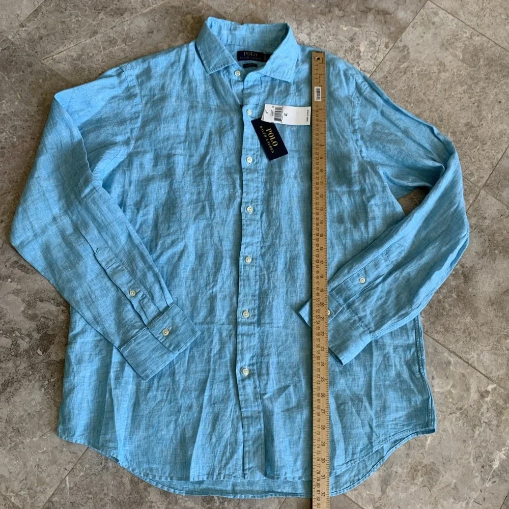 Polo Ralph Lauren 100% Linen Blue Long Sleeve Shirt Classic Fit Men's Size XL